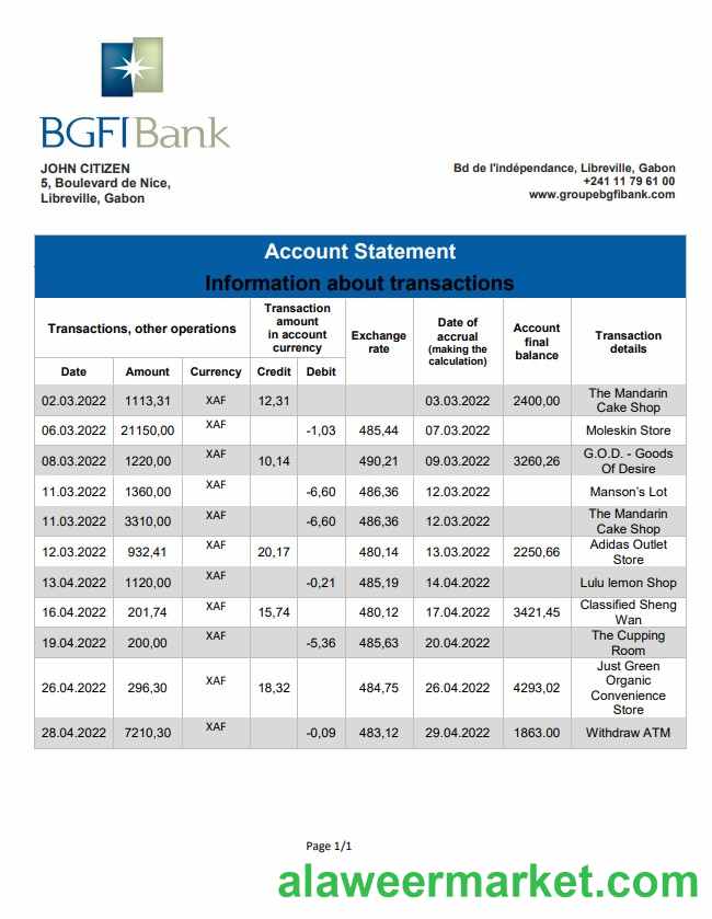 Gabon BGFI bank statement
